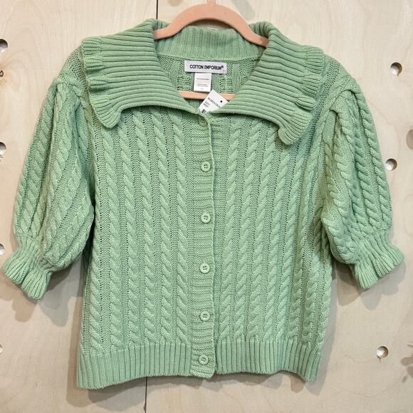 COTTON EMPORIUM Cardigan NWT Size M Collared Cable Knit Puff Sleeve Sweater - Picture 2 of 7
